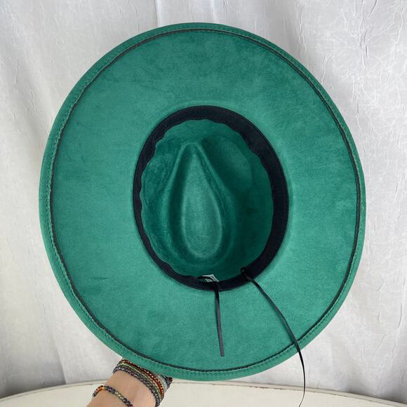 Emerald Green Faux Suede Hand Burned Wide Flat Brim Hat Sunflowers ADJUSTABLE SZ - Picture 13 of 16